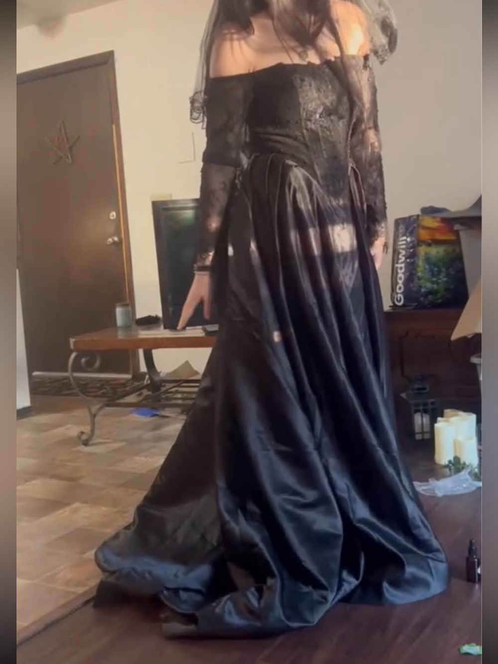 Black Lace Sleeve Satin Ball Gown - Picture 2 of 3